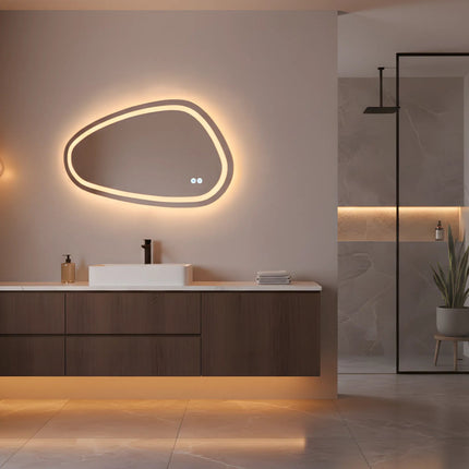 Oglindă baie LED H18 asimetrică cu 3 lumini, anti-aburire și touch control