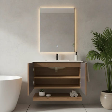 Set Mobilier Baie din Lemn cu Design Geometric & Oglindă LED – Model Premium