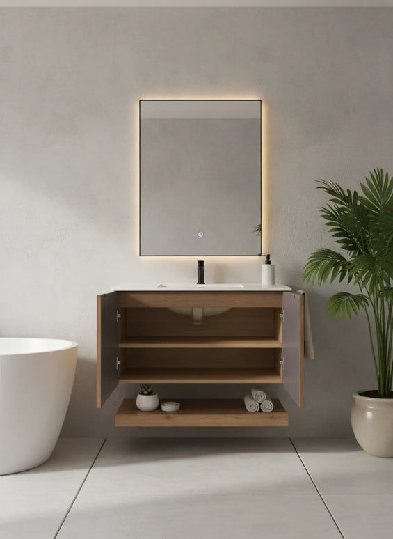 Set Mobilier Baie din Lemn cu Design Geometric & Oglindă LED – Model Premium