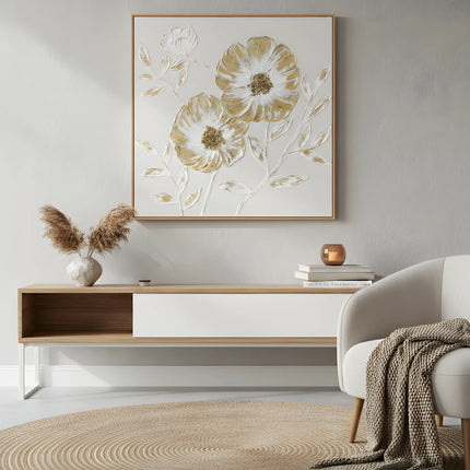 Tablou floral cu accente aurii și relief 3D – 100×100 cm | Olivy