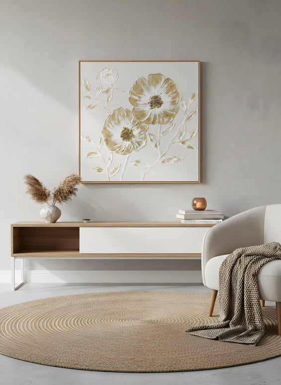 Tablou floral cu accente aurii și relief 3D – 100×100 cm | Olivy