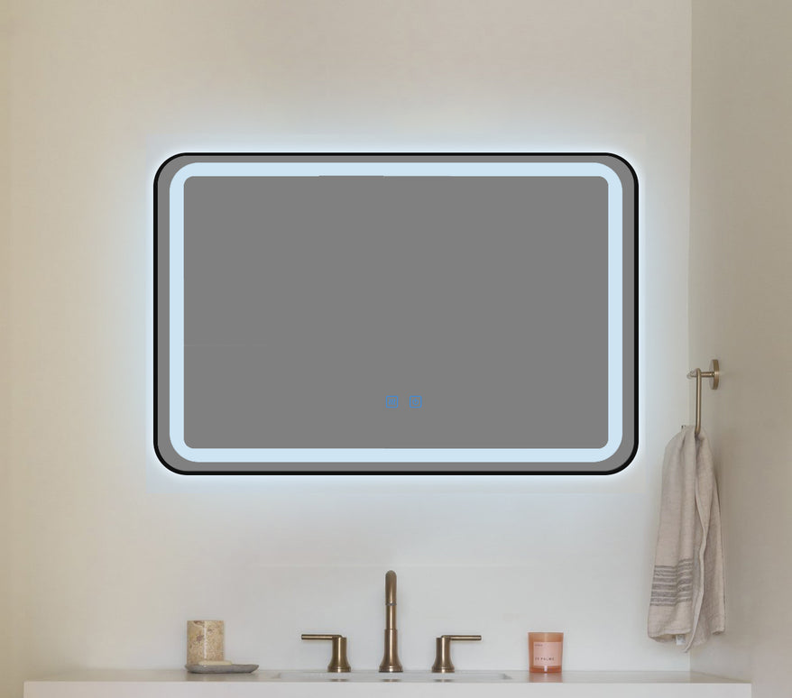 Oglindă baie LED H11 cu ramă neagră, 3 lumini, anti-aburire și touch control