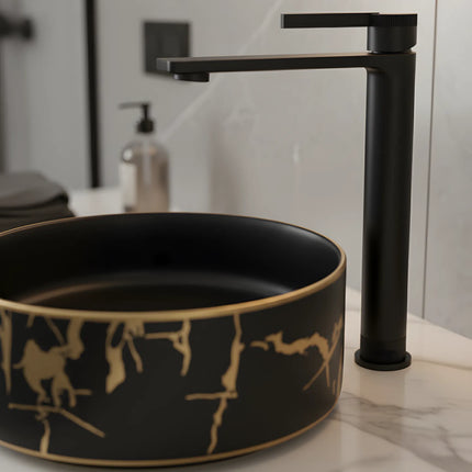 Baterie lavoar cu mâner rotund texturat vertical – finisaj negru mat