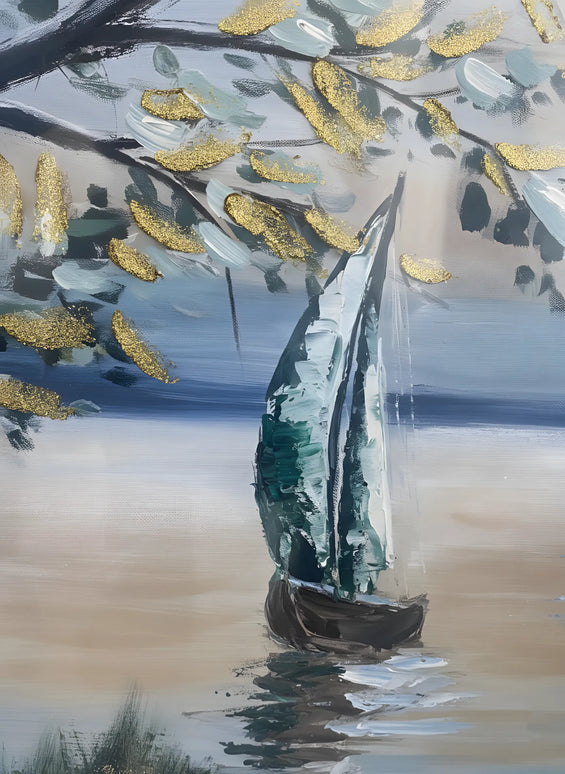 Tablou marin cu copac și vele în tonuri reci – 120×80 cm | Olivy