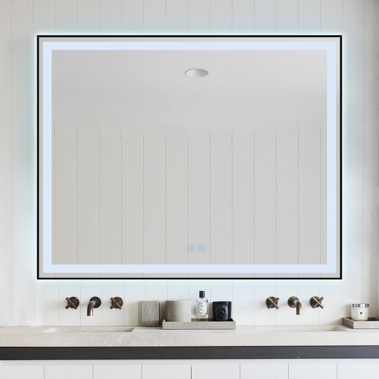 Oglindă baie LED H-142 ramă negru mat, anti-aburire și touch
