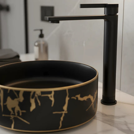 Baterie lavoar cu mâner rotund texturat vertical – finisaj negru mat