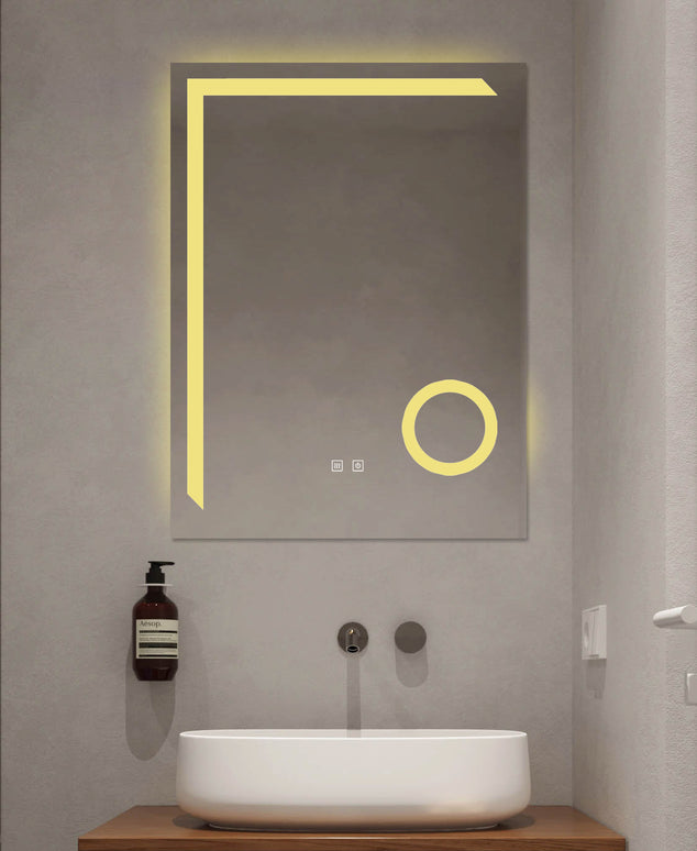 Oglindă LED Baie H-1041B cu Lupă Cosmetică, 3 Nuanțe Lumină, Anti-Aburire și Touch Control