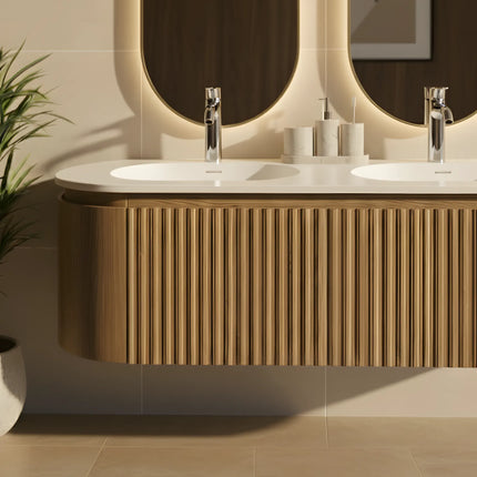 Set Mobilier Baie Dublu din Lemn cu Două Lavoare & Oglinzi LED – Design Premium