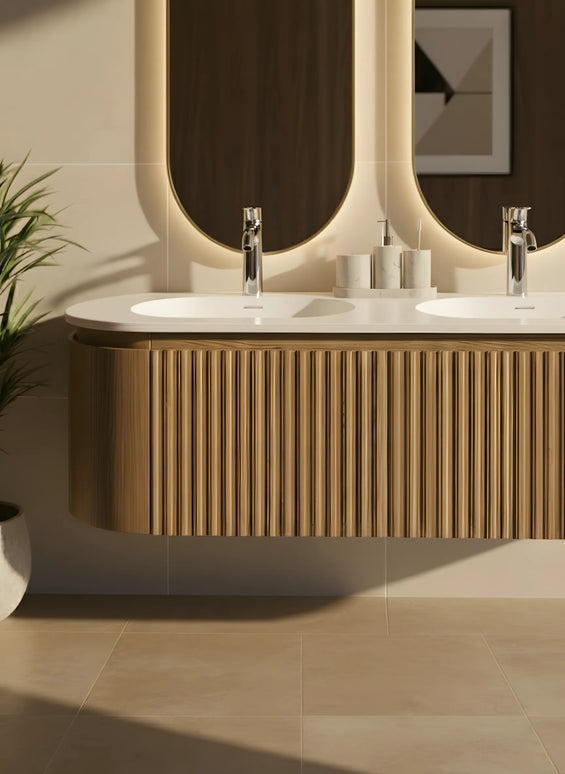 Set Mobilier Baie Dublu din Lemn cu Două Lavoare & Oglinzi LED – Design Premium