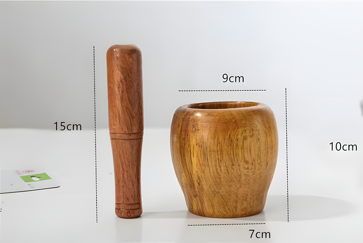 Mojar cu pistil din lemn masiv, pentru ierburi și condimente, 10 cm