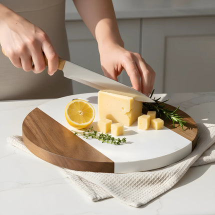 Tocător rotund din lemn de acacia și marmură albă, Ø25 cm, Olivy