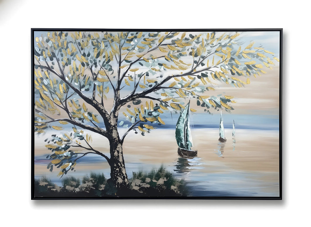 Tablou marin cu copac și vele în tonuri reci – 120×80 cm | Olivy