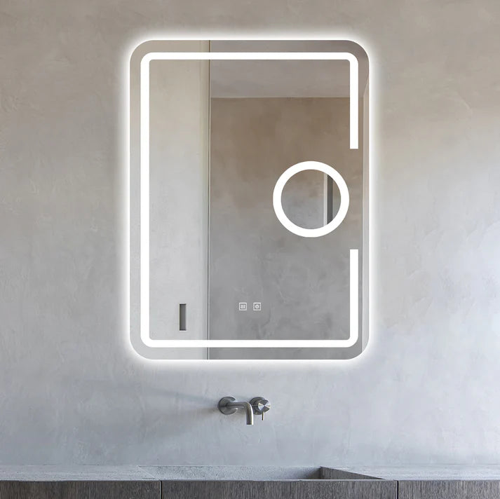 Oglindă baie LED 60x80 cm dreptunghiulară cu lupă cosmetică, 3 nuanțe de lumină, dezaburire și touch control J-1041