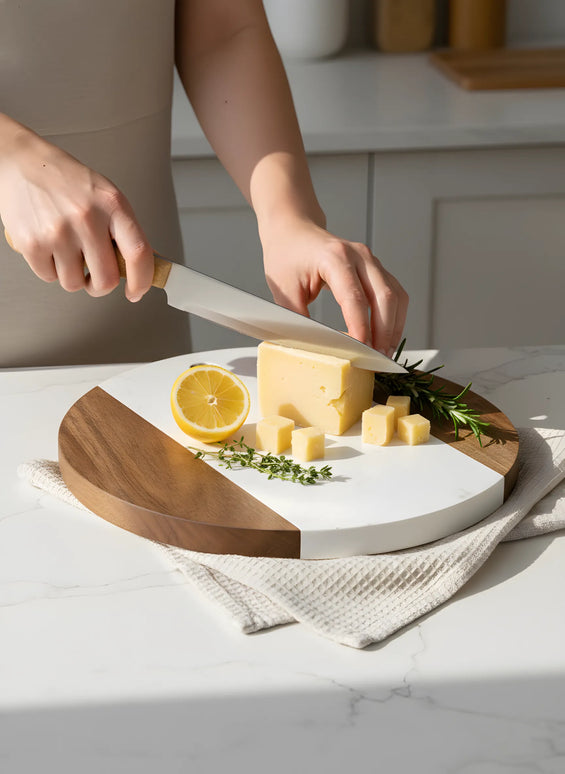 Tocător rotund din lemn de acacia și marmură neagră, Ø30 cm, Olivy