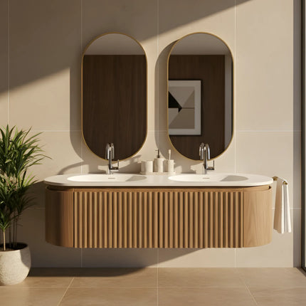 Set Mobilier Baie Dublu din Lemn cu Două Lavoare & Oglinzi LED – Design Premium