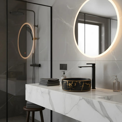 Baterie lavoar cu mâner rotund texturat vertical – finisaj negru mat