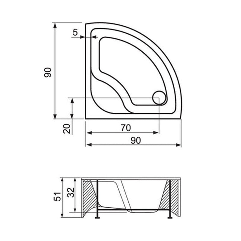 Cădiță de duș semirotundă 90 x 90 x 48 Deea