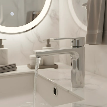 Baterie lavoar modernă Crom Lucios – design contemporan cu linii curate, alamă solidă