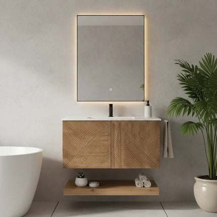 Set Mobilier Baie din Lemn cu Design Geometric & Oglindă LED – Model Premium