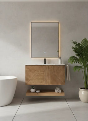 Set Mobilier Baie din Lemn cu Design Geometric & Oglindă LED – Model Premium