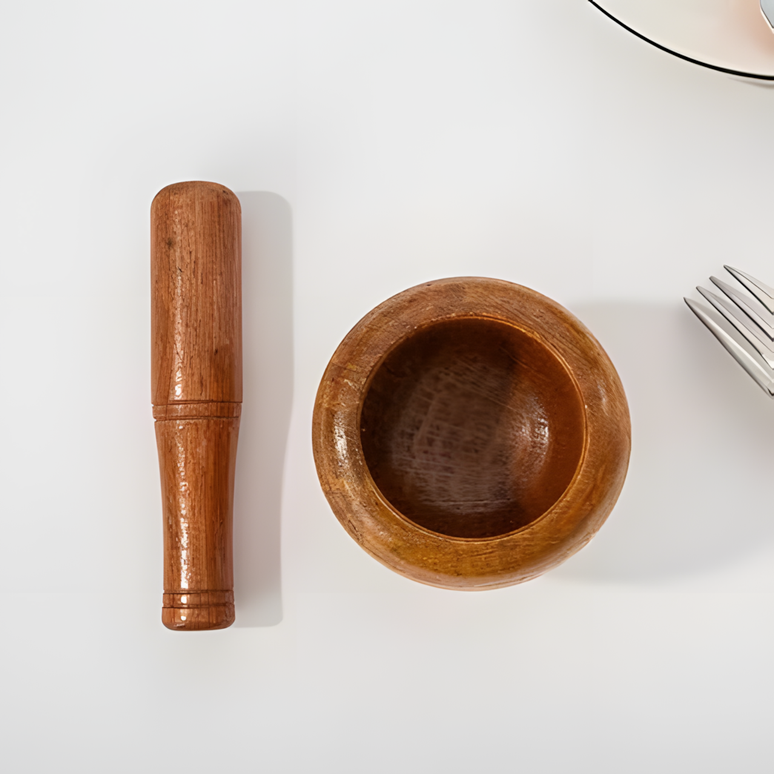 Mojar cu pistil din lemn masiv, pentru ierburi și condimente, 10 cm