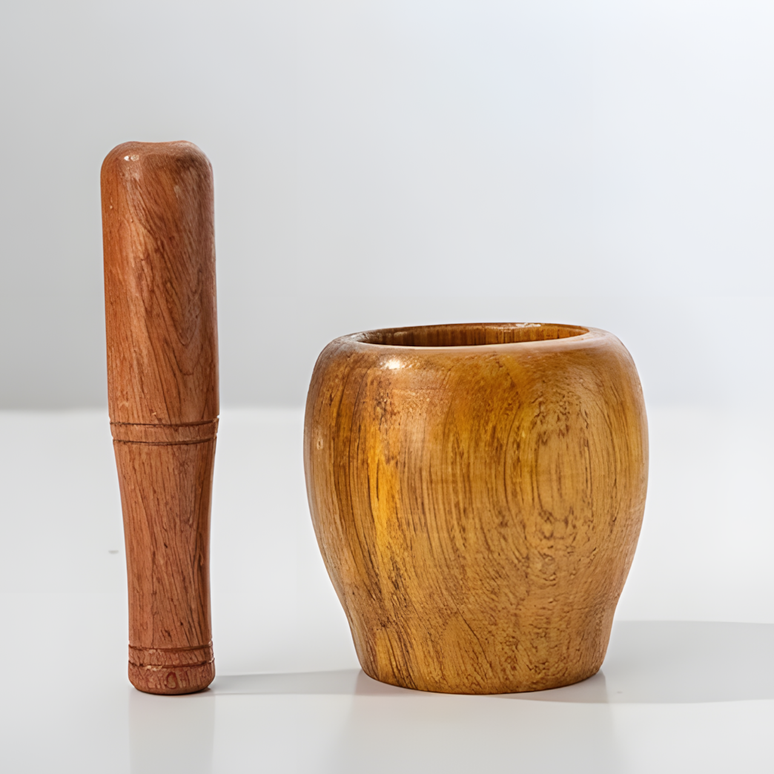 Mojar cu pistil din lemn masiv, pentru ierburi și condimente, 10 cm