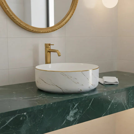 Lavoar rotund ceramic A524B-KG268 – alb marmorat cu accente aurii