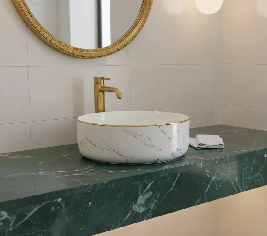 Lavoar rotund ceramic A524B-KG268 – alb marmorat cu accente aurii