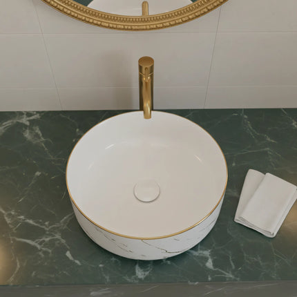 Lavoar rotund ceramic A524B-KG268 – alb marmorat cu accente aurii