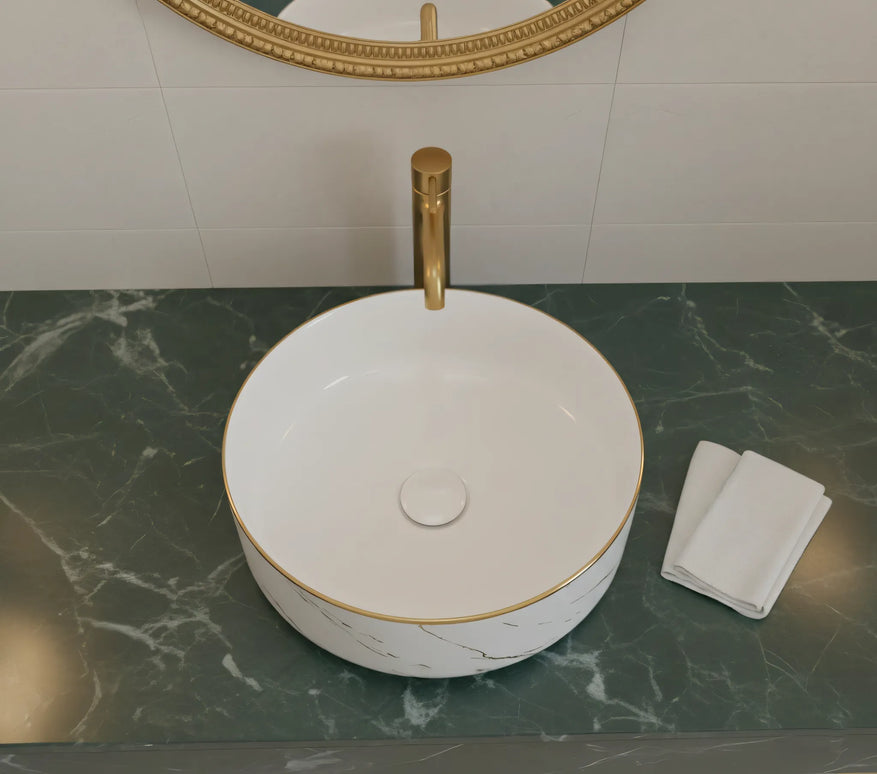Lavoar rotund ceramic A524B-KG268 – alb marmorat cu accente aurii