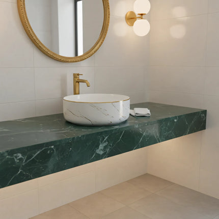 Lavoar rotund ceramic A524B-KG268 – alb marmorat cu accente aurii