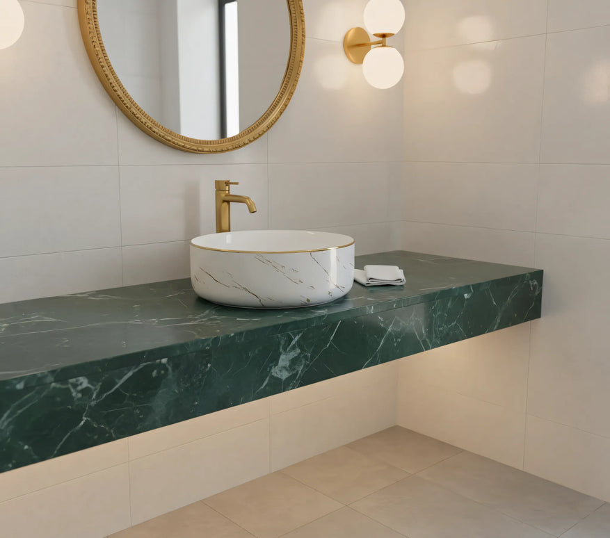 Lavoar rotund ceramic A524B-KG268 – alb marmorat cu accente aurii