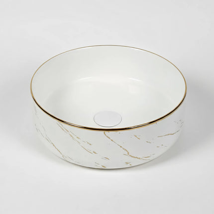 Lavoar rotund ceramic A524B-KG268 – alb marmorat cu accente aurii