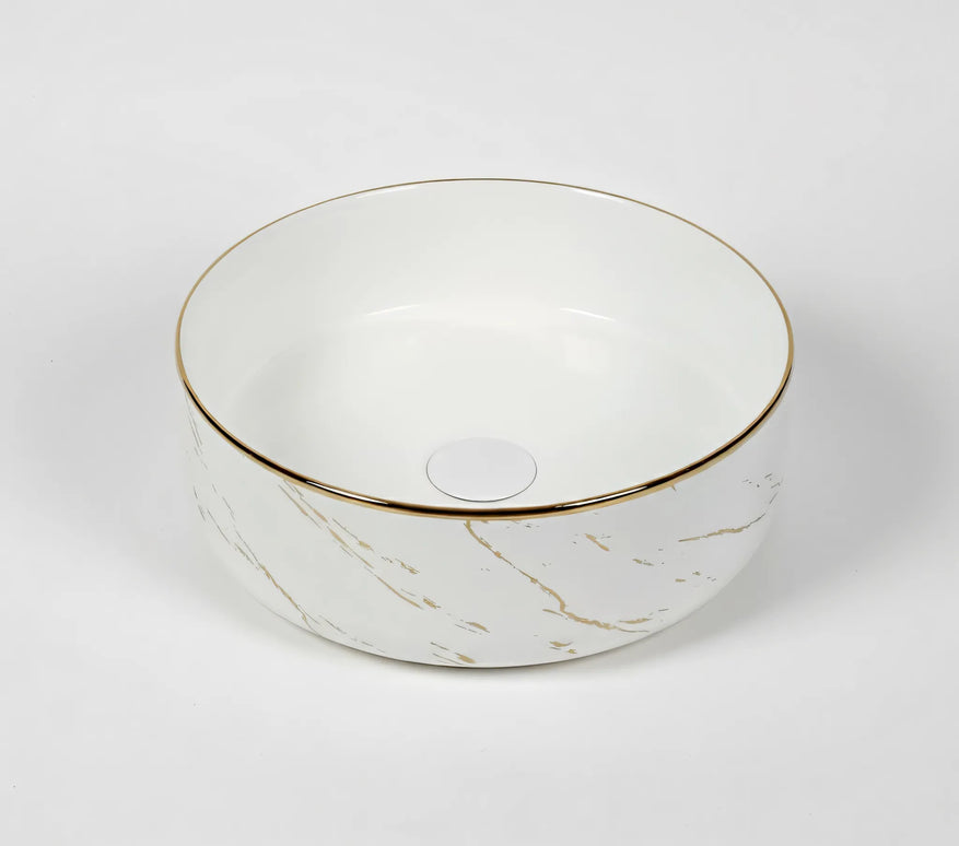Lavoar rotund ceramic A524B-KG268 – alb marmorat cu accente aurii