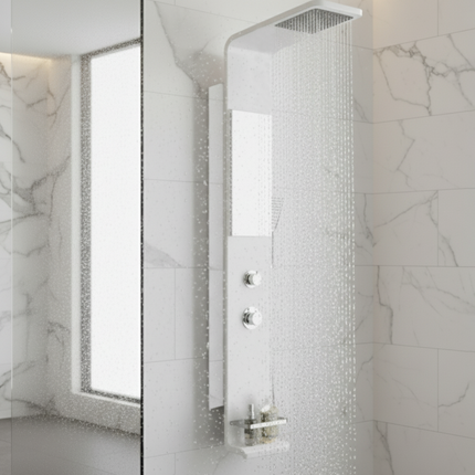 Panel de Duș Modern Alb Lucios – Design Minimalist cu Duș Fix și Accesorii Incluse