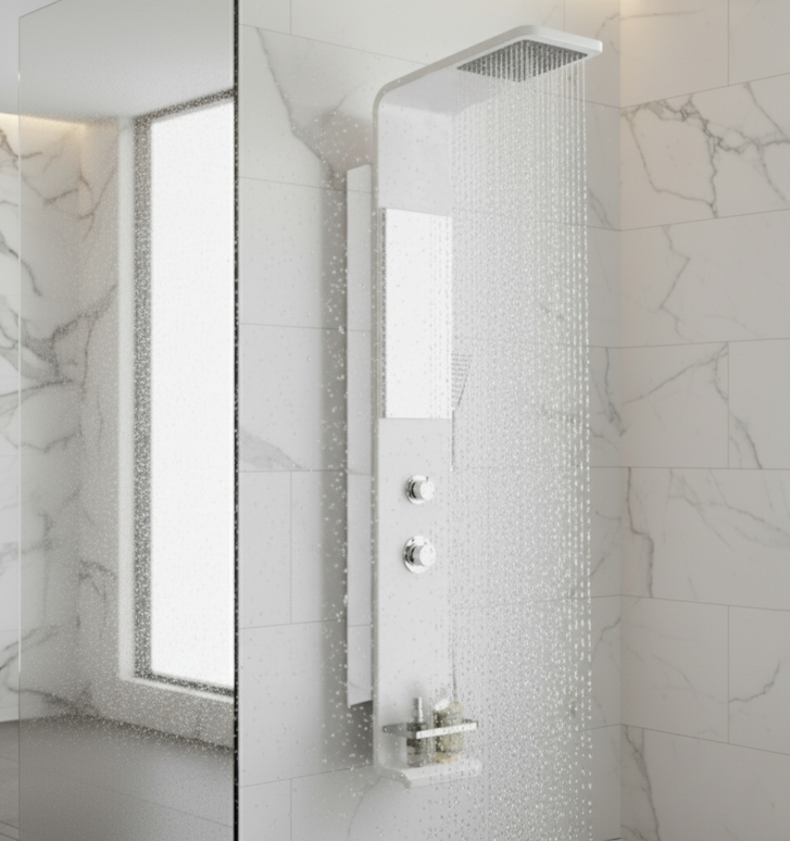 Panel de Duș Modern Alb Lucios – Design Minimalist cu Duș Fix și Accesorii Incluse