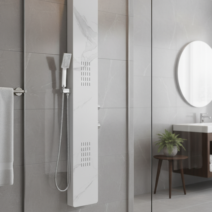 Panel de Duș Marble White – Design Modern cu Duș Fix, Hidromasaj și Duș de Mână