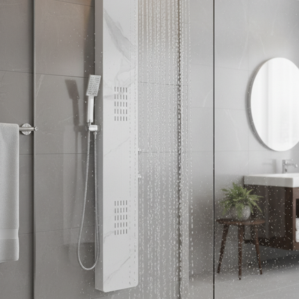 Panel de Duș Marble White – Design Modern cu Duș Fix, Hidromasaj și Duș de Mână