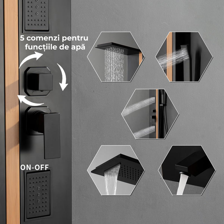 Panel de Duș Black & Bamboo – Design Modern cu Duș Fix, Hidromasaj și Duș de Mână