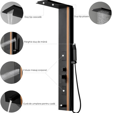 Panel de Duș Black & Bamboo – Design Modern cu Duș Fix, Hidromasaj și Duș de Mână