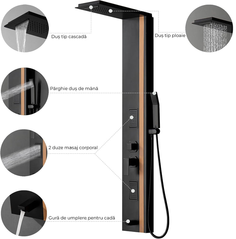 Panel de Duș Black & Bamboo – Design Modern cu Duș Fix, Hidromasaj și Duș de Mână