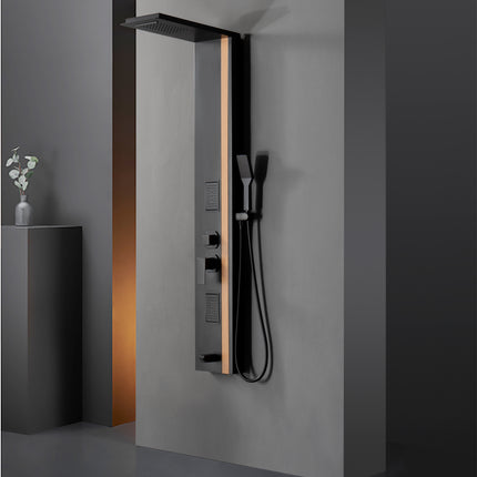 Panel de Duș Black & Bamboo – Design Modern cu Duș Fix, Hidromasaj și Duș de Mână