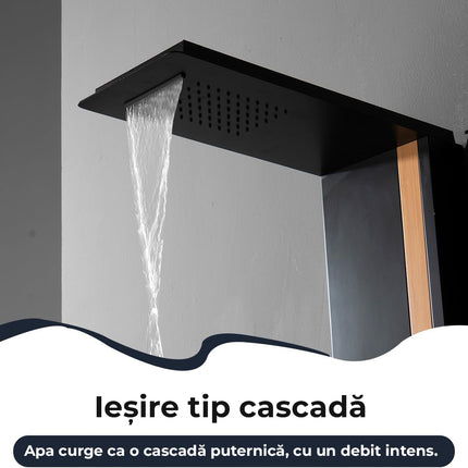 Panel de Duș Black & Bamboo – Design Modern cu Duș Fix, Hidromasaj și Duș de Mână