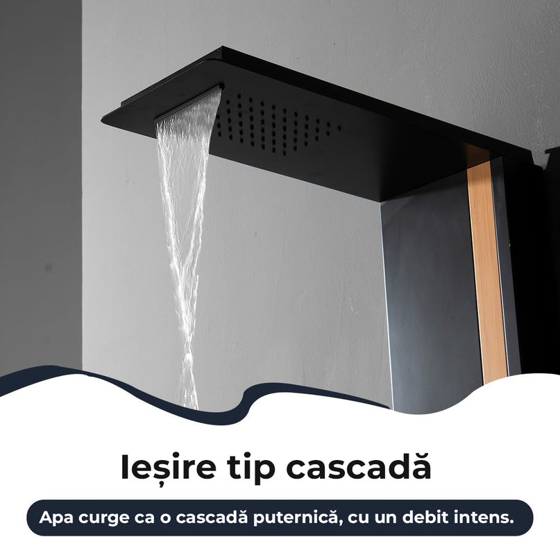 Panel de Duș Black & Bamboo – Design Modern cu Duș Fix, Hidromasaj și Duș de Mână