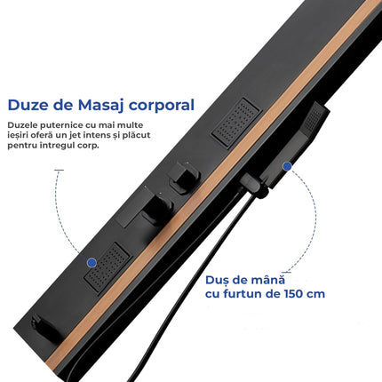 Panel de Duș Black & Bamboo – Design Modern cu Duș Fix, Hidromasaj și Duș de Mână