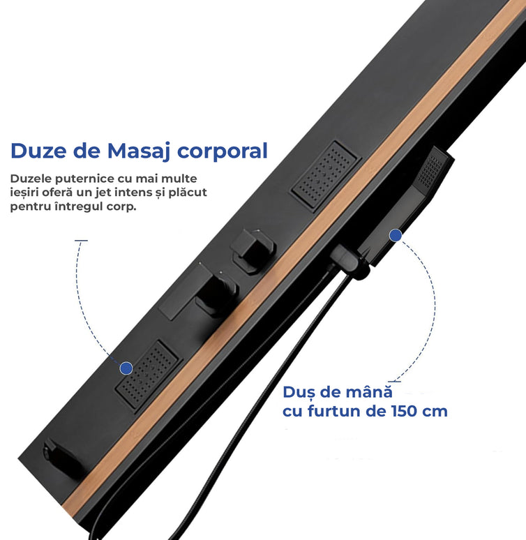Panel de Duș Black & Bamboo – Design Modern cu Duș Fix, Hidromasaj și Duș de Mână