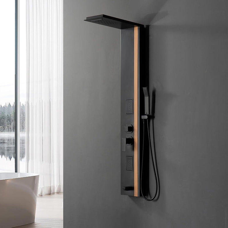 Panel de Duș Black & Bamboo – Design Modern cu Duș Fix, Hidromasaj și Duș de Mână