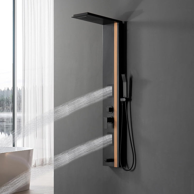 Panel de Duș Black & Bamboo – Design Modern cu Duș Fix, Hidromasaj și Duș de Mână