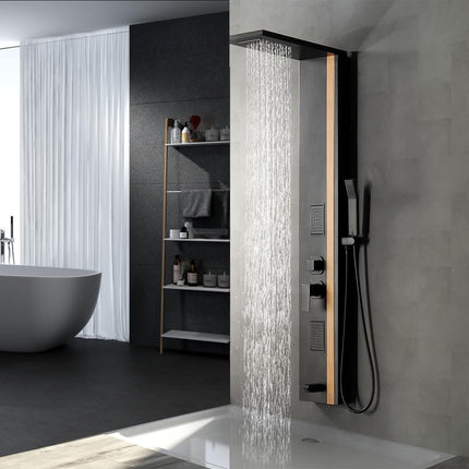 Panel de Duș Black & Bamboo – Design Modern cu Duș Fix, Hidromasaj și Duș de Mână