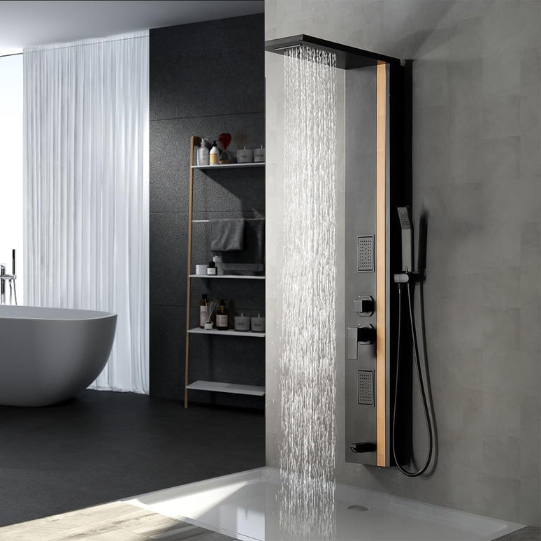 Panel de Duș Black & Bamboo – Design Modern cu Duș Fix, Hidromasaj și Duș de Mână
